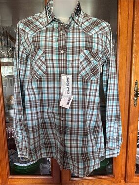Panhandle Rough Stock Western Shirt in Teal Plaid Women’s Small NWT